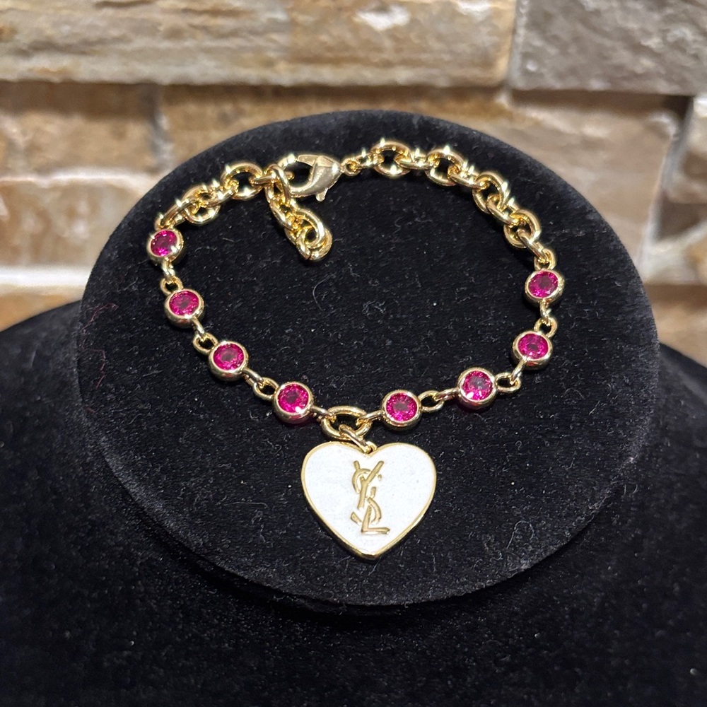 Gold YSL Heart Bracelet with Pink Accents
